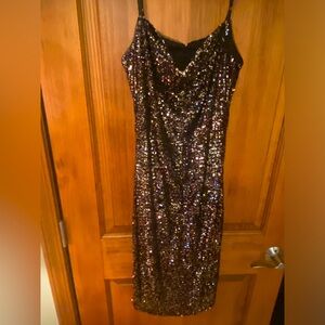 White House Black Market Black Dress Gold Sequins Size 0